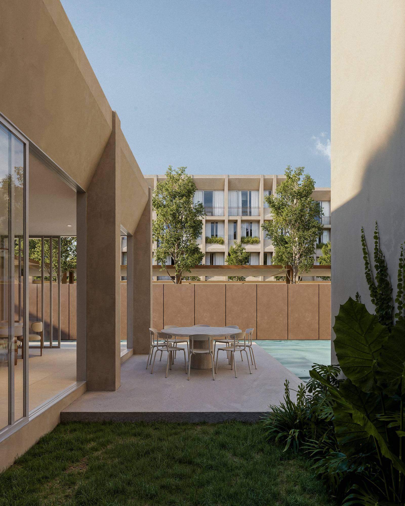 Terraza y alberca privada de un departamento Santé